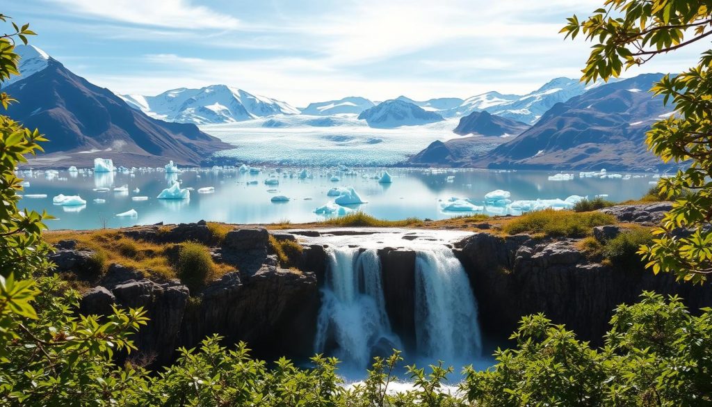 glacier lagoon and waterfall