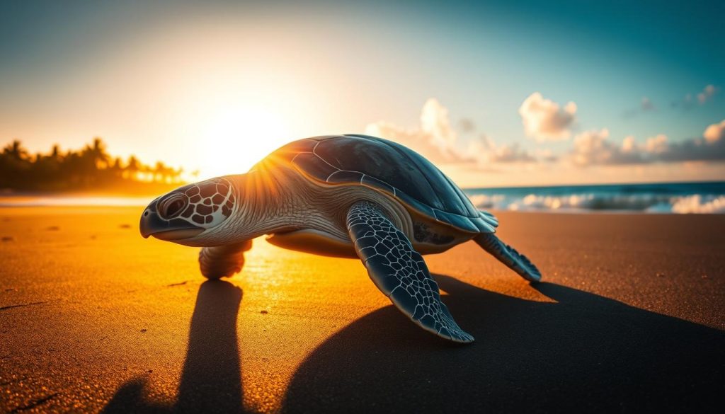 sea turtle on black sand