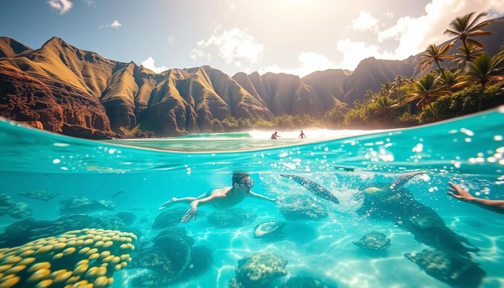 snorkeling and surfing at poipu beach