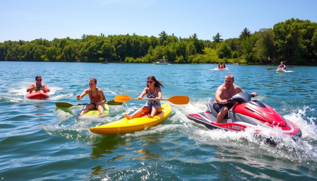 Family enjoying water sports at Island Lake