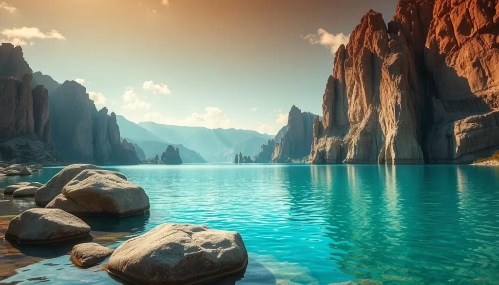 ancient rock formations and glowing waters
