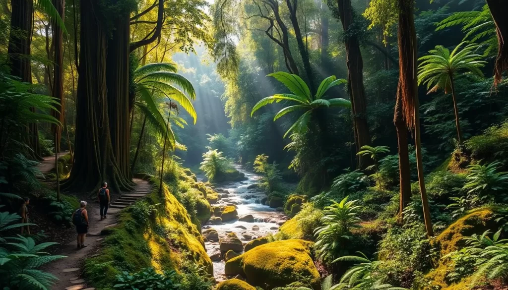 hiking in tropical rainforest