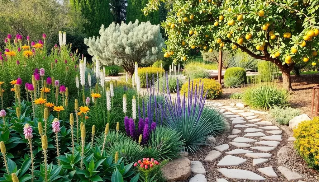 A beautiful Mediterranean-climate garden featuring California native plants, a citrus grove, and habitat gardens.