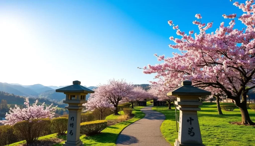 A beautiful springtime scene in Fukui Prefecture, Japan. A tranquil garden lined with lush, vibrant cherry blossom trees in full bloom, their delicate pink petals gently swaying in the mild breeze. The sun casts a warm, golden glow across the meticulously manicured landscape, creating a serene and picturesque atmosphere. In the foreground, a traditional Japanese stone lantern stands as a timeless accent, complementing the natural beauty of the surrounding flora. The middle ground features a winding path inviting exploration, while the background showcases the verdant hills and azure sky, creating a harmonious and immersive scene. Capture the essence of springtime in Fukui with this beautifully composed image.