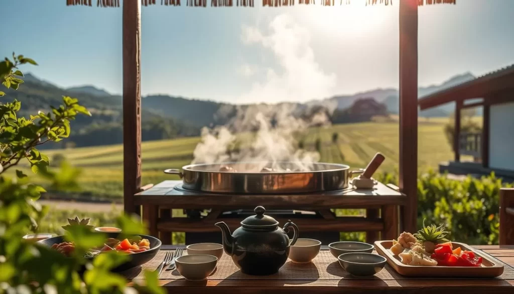 A beautifully crafted jingisukan grill set against a backdrop of a serene Japanese countryside. The grill's polished steel gleams in the soft, warm light, surrounded by a rustic wooden frame and complemented by a selection of fresh, locally-sourced ingredients. In the middle ground, a traditional teapot and ceramic dishes await, ready to enhance the dining experience. The scene is framed by lush, verdant foliage and a clear, azure sky, creating a calming, inviting atmosphere that captures the essence of Iwate's local cuisine and festival culture.