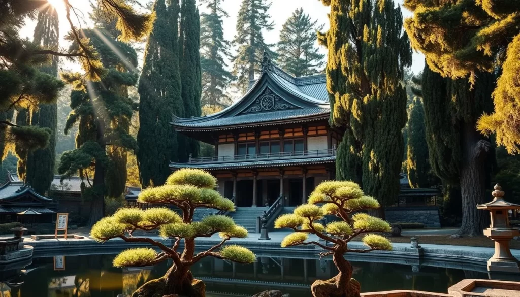 A beautifully preserved ancient Japanese temple stands majestically amidst a serene garden, surrounded by tall, lush cypress trees. Sunlight filters through the branches, casting warm, golden hues on the ornate architecture. The main hall features intricate carvings and a sweeping, curved roof that reflects in a tranquil pond. In the foreground, carefully manicured bonsai trees and stone lanterns add to the peaceful, traditional ambiance. The scene evokes a sense of timeless beauty and profound spirituality, perfectly capturing the essence of Japan's rich cultural heritage.