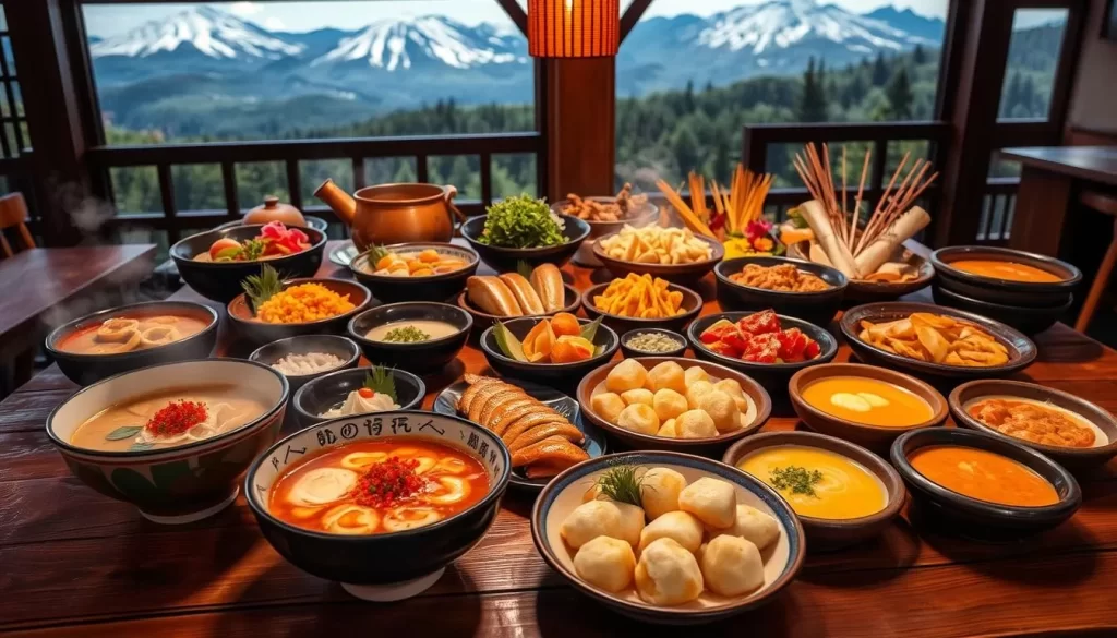 A bountiful display of Hokkaidō's celebrated cuisine, artfully presented on a rustic wooden table. In the foreground, steaming bowls of hearty miso ramen and tender grilled seafood, accompanied by delicate sashimi adorned with vibrant garnishes. In the middle ground, an array of creamy Hokkaido-style curries, fluffy potatoes, and fragrant vegetable tempura, all illuminated by warm, natural lighting. The background showcases the island's verdant landscapes, with snow-capped mountains and lush forests hinting at the region's abundant natural resources. The overall atmosphere exudes a harmonious blend of traditional Japanese craftsmanship and the bountiful flavors of Hokkaidō.