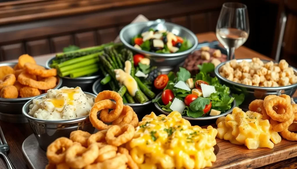 A bountiful spread of savory steakhouse sides and accompaniments artfully arranged on a rustic wooden table. In the foreground, a selection of roasted garlic-infused mashed potatoes, creamy mac and cheese, and crisp, golden-brown onion rings. In the middle, grilled asparagus spears drizzled with hollandaise sauce and a vibrant salad of mixed greens, cherry tomatoes, and shaved parmesan. Against a backdrop of soft natural light and a neutral color palette, the scene evokes the comforting ambiance of a renowned Chicago steakhouse, perfectly complementing the main attraction - the sublime steak.