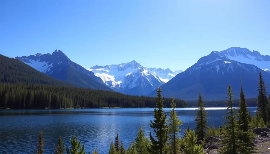 A breathtaking Yukon wilderness landscape under a clear, azure sky. In the foreground, a tranquil lake reflects the towering, snow-capped mountains in the distance. Lush, evergreen forests line the shoreline, with sunlight filtering through the canopy. Pristine, untouched nature dominates the scene, exuding a sense of peaceful solitude. A wide-angle lens captures the grandeur of this remote, rugged environment, inviting the viewer to immerse themselves in the untamed beauty of the Yukon.