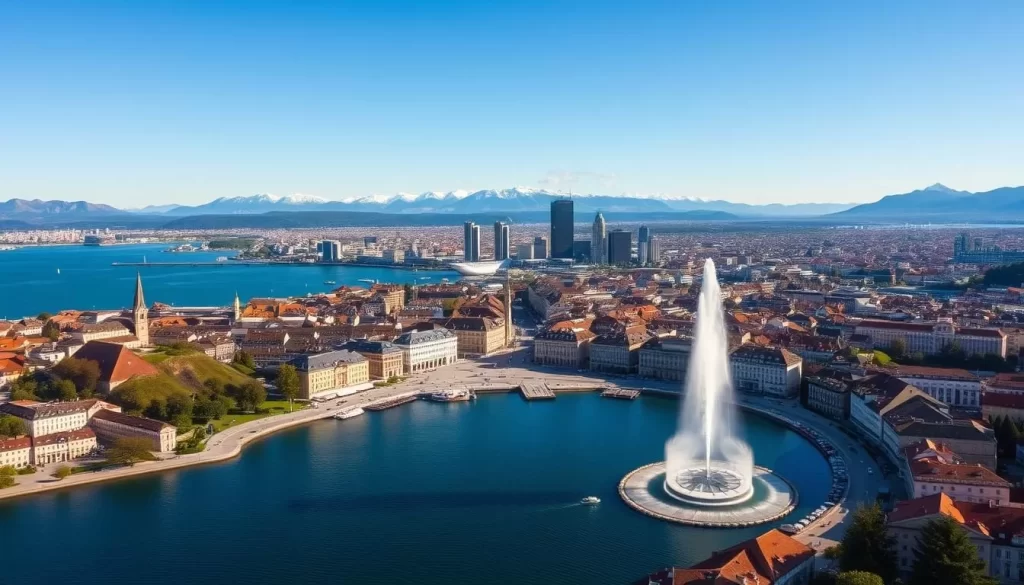 A breathtaking aerial view of Geneva, Switzerland's international city, on a picturesque sunny day. In the foreground, the iconic Jet d'Eau fountain's majestic plume of water rises against the backdrop of the serene Lake Geneva. Flanking the lake, the historic Old Town's charming buildings and narrow streets wind up the gentle slopes, their rooftops and spires basking in the warm light. In the middle ground, the striking modern skyscrapers of the city's financial district stand tall, a testament to Geneva's role as a global hub. In the distance, the snow-capped peaks of the Jura Mountains rise majestically, framing the entire captivating scene with natural grandeur.