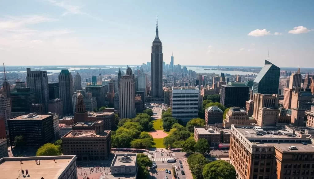 A breathtaking aerial view of New York City on a sunny day, capturing the iconic skyline with the Empire State Building as the centerpiece. In the foreground, the bustling streets and sidewalks teem with people going about their day, while the middle ground showcases the famous landmarks like the Statue of Liberty and Brooklyn Bridge. In the background, the lush greenery of Central Park provides a serene contrast to the towering skyscrapers. The image is bathed in warm, golden light, creating a vibrant and inviting atmosphere that showcases the city's energy and beauty.