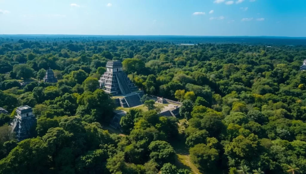 A breathtaking aerial view of the ancient Mayan city of Tikal, nestled amidst the lush, verdant jungle of Guatemala. Towering stone pyramids and temples rise majestically from the dense foliage, casting long shadows across the winding paths and plazas below. Sunlight filters through the canopy, illuminating the intricate carvings and ornate facades of the well-preserved ruins. In the foreground, a clear azure sky frames the awe-inspiring scene, conveying a sense of tranquility and timelessness. This evocative landscape captures the essence of Tikal's rich cultural heritage and the profound mysteries of the ancient Maya civilization.