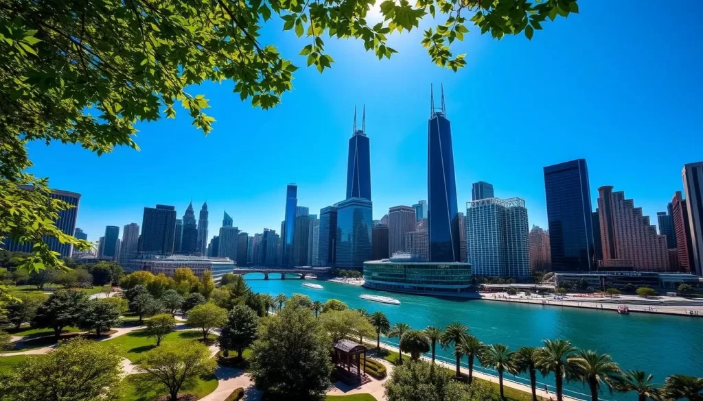 A breathtaking aerial view of the iconic Chicago skyline on a clear, sunny day. The soaring skyscrapers, including the renowned Willis Tower and Hancock Center, stand tall against a brilliant blue sky. The Chicago River winds its way through the heart of the city, reflecting the magnificent architecture. In the foreground, a lush park with verdant trees and walkways invites visitors to explore the city's vibrant urban landscape. The scene exudes a sense of energy, progress, and the city's undeniable allure as a premier destination. Captured through a wide-angle lens, this image showcases the grandeur and dynamism that make Chicago a truly remarkable place to visit.