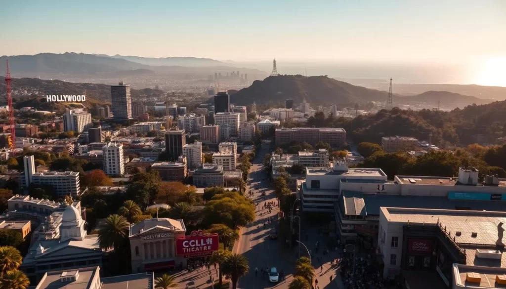 A breathtaking aerial view of the iconic Los Angeles skyline, with the majestic Hollywood Hills and the sparkling Pacific Ocean in the background. In the foreground, a bustling cityscape filled with towering skyscrapers, vibrant landmarks, and the legendary Hollywood Sign. The scene is bathed in warm, golden sunlight, casting long shadows and creating a sense of grandeur and energy. In the middle ground, the famous Hollywood Boulevard is alive with people strolling past the iconic TCL Chinese Theatre, the Dolby Theatre, and the Walk of Fame. The atmosphere is one of excitement and wonder, inviting the viewer to discover the magic of this world-renowned city.