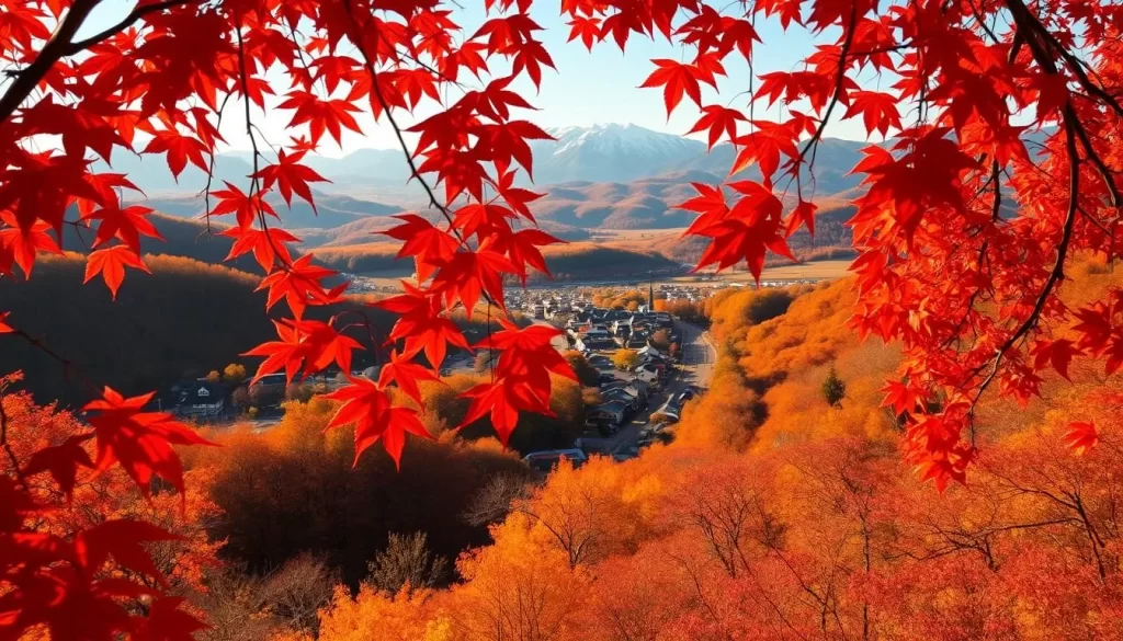 A breathtaking autumnal landscape in Yamanashi Prefecture, Japan, bathed in warm, golden light. In the foreground, vibrant red maple leaves cascade gracefully, their delicate forms dancing in a gentle breeze. The middle ground showcases a picturesque village nestled amid rolling hills, its traditional architecture and winding streets framed by a tapestry of burnt orange, yellow, and crimson foliage. In the distance, majestic mountains rise, their peaks dusted with a hint of early snow, creating a sublime contrast against the vivid autumn hues. The scene exudes a sense of tranquility and wonder, inviting the viewer to immerse themselves in the serene beauty of this enchanting autumnal paradise.