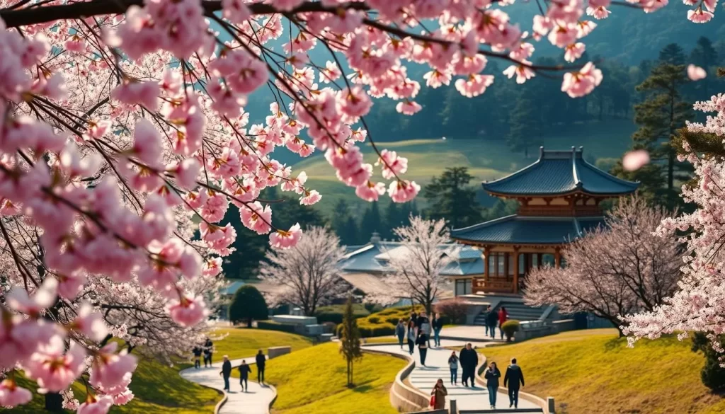 A breathtaking cherry blossom festival in a tranquil Japanese garden. Delicate pink petals cascade gracefully in the gentle breeze, creating a serene and enchanting atmosphere. In the foreground, visitors stroll along winding paths, admiring the vibrant blooms and taking in the beauty of the moment. In the middle ground, a traditional wooden pavilion stands tall, its elegant architecture complementing the natural surroundings. The background features a lush, verdant landscape with rolling hills and towering trees, framing the scene with a sense of depth and balance. The lighting is soft and diffused, casting a warm, golden glow over the entire setting. The overall composition evokes a sense of harmony, tranquility, and the ephemeral nature of the cherry blossom season.