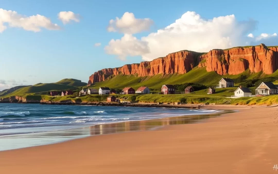 A breathtaking coastal landscape of Green Gables, Prince Edward Island, Canada. A sun-dappled beach with soft sand and gently lapping waves. In the middleground, rolling green hills dotted with quaint, charming cottages. Towering red sandstone cliffs rise up in the background, their weathered faces catching the golden light of the late afternoon. A clear sky with fluffy white clouds overhead, creating a serene and tranquil atmosphere. Capture the natural beauty and charm of this iconic Canadian destination, with a focus on the distinctive red-roofed homes, lush greenery, and dramatic coastline.