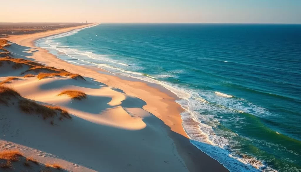 A breathtaking coastline of sand dunes, pristine beaches, and gentle waves lapping against the shore. Capture the beauty of Cape Hatteras National Seashore in a stunning landscape. Place the viewer amidst the serene scene, with the horizon stretching out in the distance, bathed in warm, golden sunlight. Accentuate the natural splendor with vibrant hues of turquoise and azure in the sky and ocean, contrasted by the earthy tones of the dunes. Showcase the iconic Cape Hatteras Lighthouse standing tall in the background, a beacon guiding visitors to this coastal gem. Immerse the viewer in the tranquil atmosphere, where the sounds of the wind and the soothing rhythm of the waves create a sense of calm and wonder.