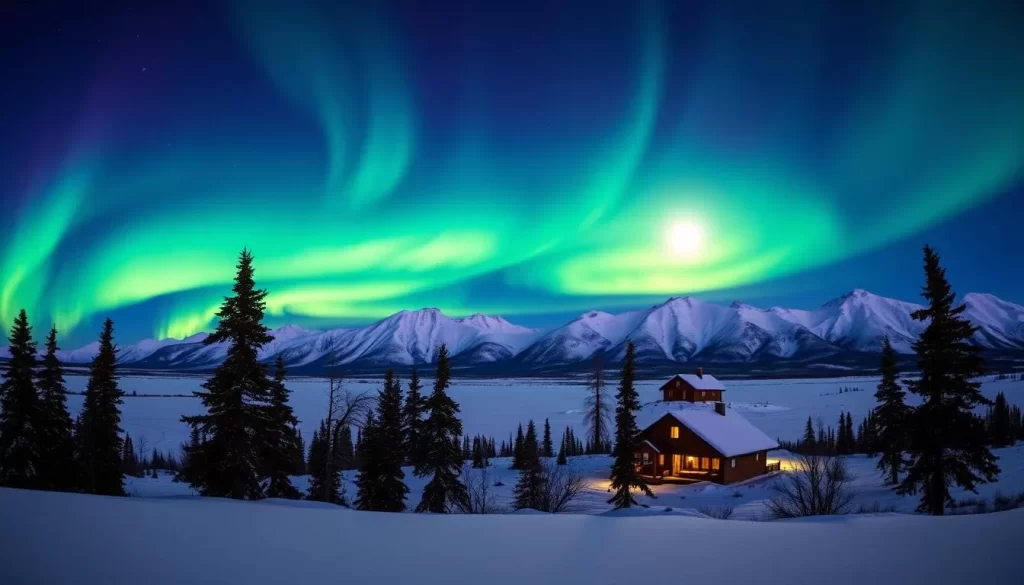 A breathtaking display of the Northern Lights dancing across the night sky over the snowy landscape of Inuvik, Northwest Territories. In the foreground, a serene, snow-covered wilderness with towering pines and a frozen lake, reflecting the vibrant, swirling greens, blues, and purples of the Aurora Borealis above. The middle ground features a cozy, wooden cabin, its warm lights casting a soft glow against the crisp, winter air. The background is dominated by the majestic, snow-capped Mackenzie Mountains, their peaks silhouetted against the mesmerizing celestial display. The scene is illuminated by a full moon, casting a gentle, ethereal light over the entire tableau. The overall mood is one of awe, wonder, and tranquility, perfectly capturing the magic of a winter night in Inuvik.