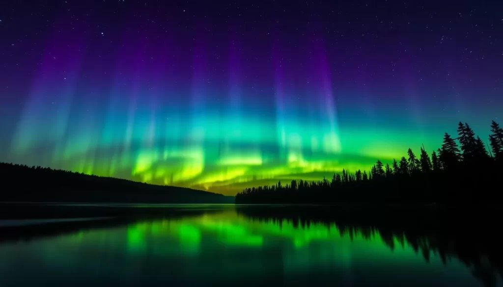 A breathtaking display of the northern lights illuminating the night sky over the boreal forests of Manitoba, Canada. The vibrant curtains of green, purple, and blue auroras dance gracefully, casting a mesmerizing glow across the serene landscape. In the foreground, a tranquil lake reflects the shimmering celestial tapestry, creating a stunning mirror effect. The middle ground features a dense, evergreen forest, its silhouetted trees standing tall and proud. The background showcases the boundless, starry heavens, adding depth and wonder to the scene. The lighting is natural, with the northern lights providing the primary illumination, casting a soft, ethereal ambiance. The composition is balanced, with the lake, forest, and sky harmoniously integrated. This captivating image perfectly captures the natural beauty and awe-inspiring wonder of the northern lights in Manitoba's wilderness.