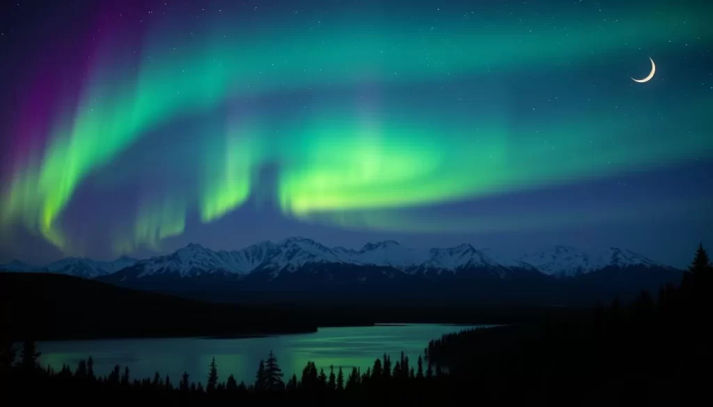 A breathtaking display of the northern lights in the night sky over the boreal forest of Yellowknife, Northwest Territories. Vibrant green and purple aurora borealis dance gracefully, casting ethereal reflections on a tranquil lake below. Majestic snow-capped mountains rise in the distance, silhouetted against a deep indigo backdrop dotted with twinkling stars. The scene is illuminated by a warm, golden glow from a waning crescent moon, creating a captivating atmosphere of natural beauty and wonder. Capture the essence of an unforgettable autumn evening in this pristine subarctic landscape.