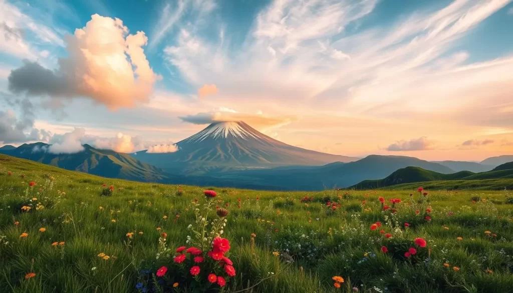 A breathtaking landscape of Aso-Kuju National Park, Japan. In the foreground, lush green meadows dotted with vibrant wildflowers sway gently in a light breeze. The middle ground features a dramatic mountain range, its peaks capped with snow and shrouded in wispy clouds. In the distance, a towering active volcano, Mount Aso, rises majestically, casting a warm, golden glow over the entire scene. The sky is a brilliant azure, with fluffy white clouds drifting overhead, creating a serene and peaceful atmosphere. The lighting is soft and natural, lending a sense of tranquility to the environment. This image captures the breathtaking beauty and natural wonder of Aso-Kuju National Park, inviting the viewer to explore its diverse and awe-inspiring landscapes.