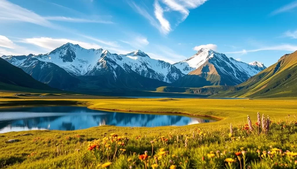 A breathtaking landscape of Iaik National Park, Northwest Territories, captured in stunning detail. In the foreground, a pristine alpine lake reflects the snow-capped peaks that tower in the distance, their rugged beauty accentuated by the warm, golden light of a late afternoon sun. The middle ground features a lush, verdant meadow dotted with wildflowers, inviting the viewer to immerse themselves in the serene tranquility of this northern wilderness. Wispy clouds drift across a clear, azure sky, casting gentle shadows that dance across the scene. The overall composition highlights the majestic, untamed nature of this breathtaking location, perfectly encapsulating the essence of "Capturing the Northern Beauty."