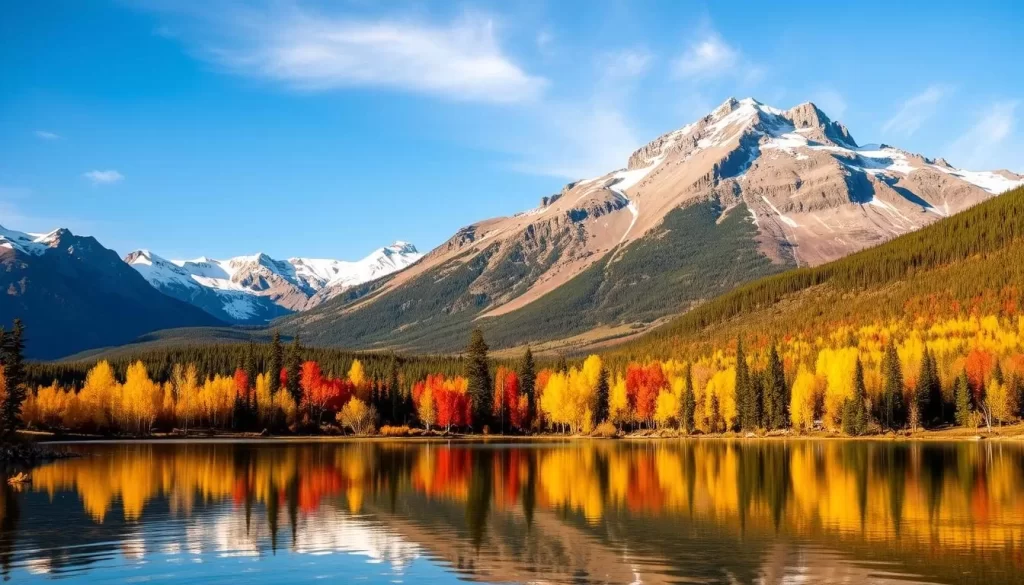 A breathtaking landscape of Iaik National Park in the Northwest Territories during the seasonal highlights. In the foreground, a crystal-clear lake reflects the vibrant colors of the autumn foliage - golden yellow birch, fiery red maples, and rich evergreen conifers. In the middle ground, rugged, snow-capped mountains rise majestically, their peaks bathed in warm, golden light. The background reveals a vast, pristine wilderness, dotted with deep glacial valleys and dense boreal forests. The scene exudes a sense of tranquility and awe-inspiring natural beauty, inviting the viewer to immerse themselves in the park's seasonal splendor.