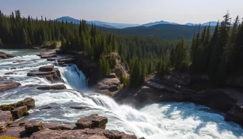 A breathtaking landscape of Pisew Falls, a powerful waterfall cascading over rugged rock formations in Manitoba's Pisew Falls Provincial Park. The foreground showcases the rushing water, its white frothy crests contrasting against the dark, mossy rocks. The middle ground features lush, verdant forests framing the falls, with sunlight filtering through the canopy. In the background, hazy blue hills rise up, creating a sense of depth and grandeur. Capture the scene with a wide-angle lens, highlighting the scale and majesty of this natural wonder. The overall mood is one of tranquility and awe, inviting the viewer to immerse themselves in the beauty of this iconic Canadian landscape.