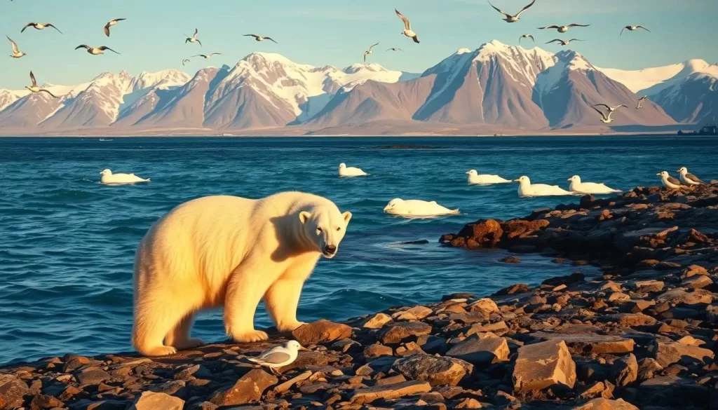 A breathtaking landscape of Svalbard's Arctic wilderness, bathed in the soft, golden light of a summer evening. In the foreground, a majestic polar bear prowls the rocky coastline, its powerful muscles rippling beneath a pristine white coat. Behind it, a pod of graceful beluga whales glide through the serene, turquoise waters, their sleek bodies cutting effortlessly through the waves. In the distance, rugged mountains rise up, their jagged peaks capped with glistening snow, while flocks of kittiwakes and puffins dart through the clear, crisp air. The scene is alive with the vibrant colors and rich textures of this unique and captivating ecosystem, capturing the essence of Svalbard's fascinating wildlife.