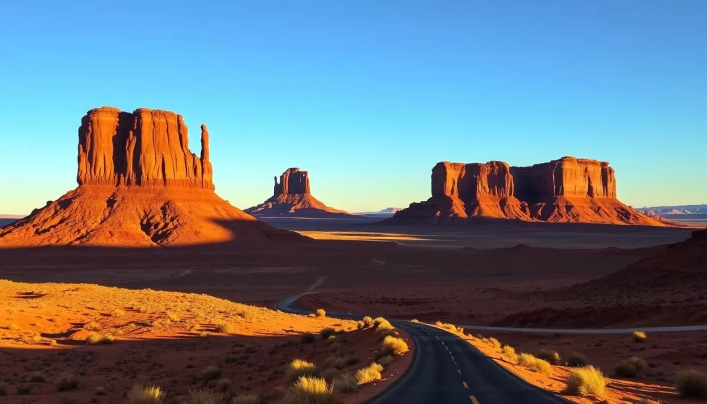 A breathtaking landscape of iconic sandstone formations in Monument Valley, Arizona. In the foreground, the majestic Mitten Buttes rise up against a clear blue sky, their distinct shapes casting dramatic shadows. In the middle ground, a winding desert road leads towards the distant Merrick Butte, its red-hued cliffs and pinnacles silhouetted against the horizon. The sun bathes the scene in warm, golden light, accentuating the rugged, timeless beauty of this magnificent natural wonder. Capture the wonder and grandeur of this cherished American Southwest destination.