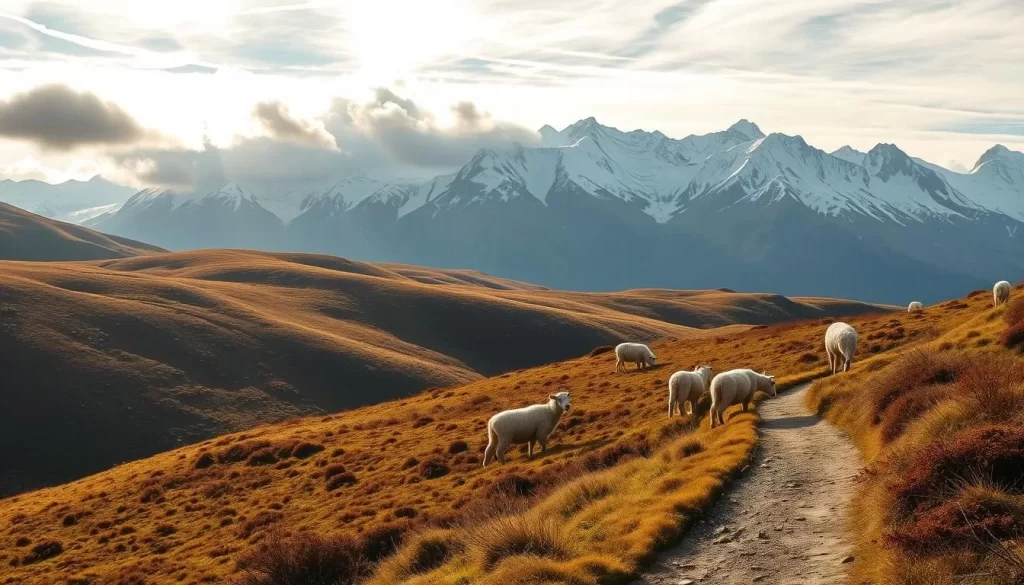 A breathtaking landscape of rolling hills dotted with fluffy white sheep, nestled against the majestic backdrop of towering snow-capped peaks. Warm sunlight filters through wispy clouds, casting a gentle glow over the serene scene. In the foreground, a winding path invites the viewer to explore this picturesque hiker's paradise. The middle ground showcases the grazing sheep, their fleece shimmering in the golden light. The distant mountains rise majestically, their jagged, icy silhouettes commanding attention. Capture the essence of Kluane's hiking adventures with this idyllic, pastoral vision.