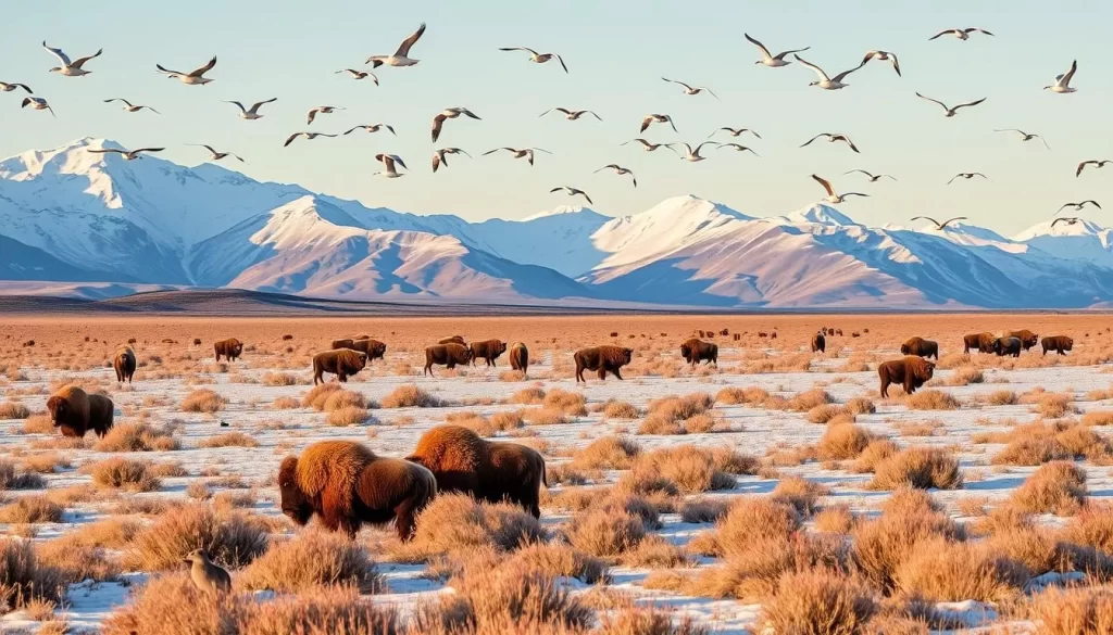 A breathtaking landscape of the Arctic tundra in Aulavik National Park, Northwest Territories. In the foreground, a herd of muskoxen grazes peacefully, their shaggy coats blending seamlessly with the snow-dusted grasses. Towering mountains rise in the distance, their peaks capped with glistening snow under the warm, golden light of a clear Arctic day. Overhead, flocks of snow geese and tundra swans soar effortlessly against a vast, cerulean sky, while below, hardy arctic hares dart between the low-lying shrubs. The scene exudes a sense of tranquility and rugged beauty, perfectly capturing the essence of wildlife encounters in this remote and pristine northern landscape.