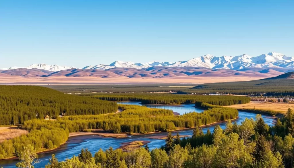 A breathtaking landscape of the Northwest Territories in early spring. In the foreground, the thawing Yellowknife River winds through lush, verdant forests, the sunlight filtering through the budding trees. In the middle ground, rolling hills dotted with cabins and small buildings come into view, their wooden structures blending harmoniously with the natural surroundings. The background is dominated by majestic, snow-capped mountains, their peaks reflecting the clear, azure sky. The scene is bathed in a warm, golden light, conveying a sense of renewal and tranquility as the land emerges from the grip of winter.