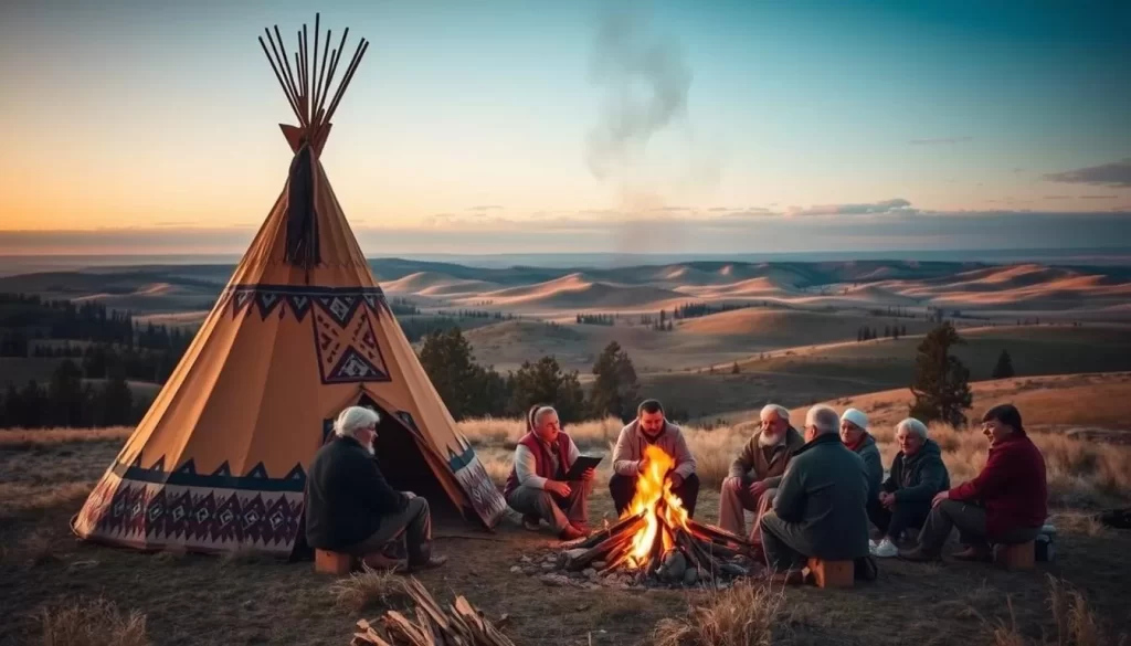 A breathtaking landscape of the Swift Current region, showcasing the rich Indigenous heritage. In the foreground, a majestic tipi stands tall, its intricate patterns and earthy tones reflecting the artistry and traditions of the local tribes. In the middle ground, a group of Indigenous elders gather around a crackling fire, their faces illuminated by the warm glow, sharing stories and wisdom. The background features rolling hills, dotted with pine trees and a vast, cloudless sky. The scene is bathed in soft, natural lighting, creating a serene and inviting atmosphere that captures the essence of the region's cultural heritage.