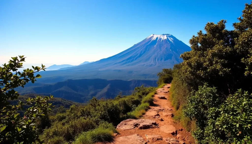 A breathtaking landscape of the iconic Concepción Volcano, rising majestically against a backdrop of a clear blue sky. In the foreground, a well-worn hiking trail winds its way through lush, verdant foliage, inviting adventurous explorers to embark on a challenging yet rewarding journey. The middle ground features a series of rugged, rocky outcroppings that add depth and texture to the scene. As the trail ascends, it offers stunning vistas of the volcano's imposing slopes, capped with a dusting of snow that glimmers in the warm, golden sunlight. The atmosphere is one of tranquility and awe, capturing the essence of a truly breathtaking natural wonder.
