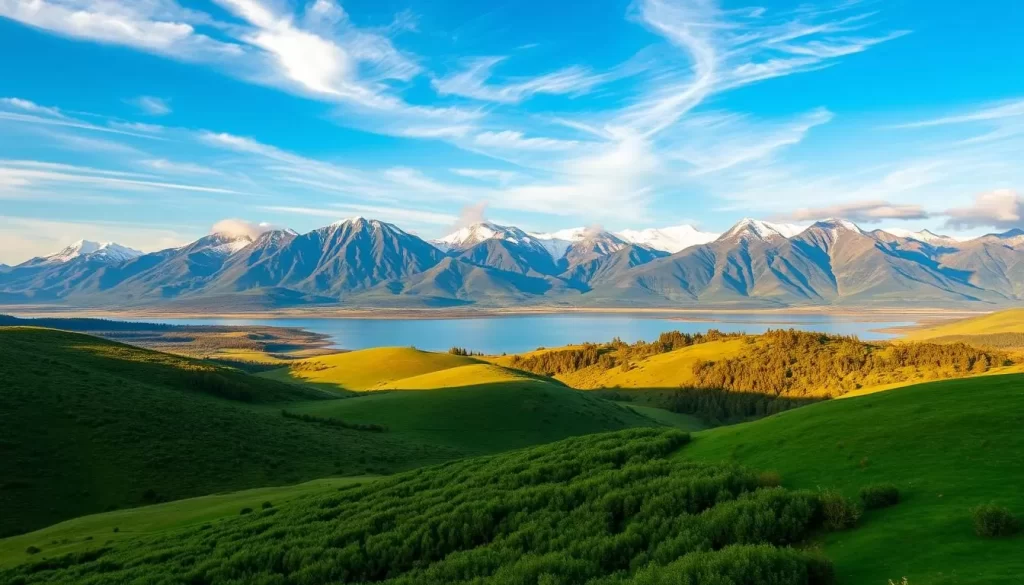 A breathtaking landscape showcasing the diverse climate regions of Ukraine. In the foreground, rolling hills covered in lush, verdant vegetation stretch out towards the horizon. In the middle ground, a serene lake reflects the azure sky above, its calm waters contrasting with the rugged, snow-capped mountains in the background. Warm, golden sunlight filters through wispy, high-altitude clouds, casting a soft, natural glow over the entire scene. The composition strikes a perfect balance between the tranquil, pastoral elements and the majestic, dramatic topography that characterizes Ukraine's varied climate zones. Capture this stunning, weather-savvy vista in a seamless, photorealistic style.