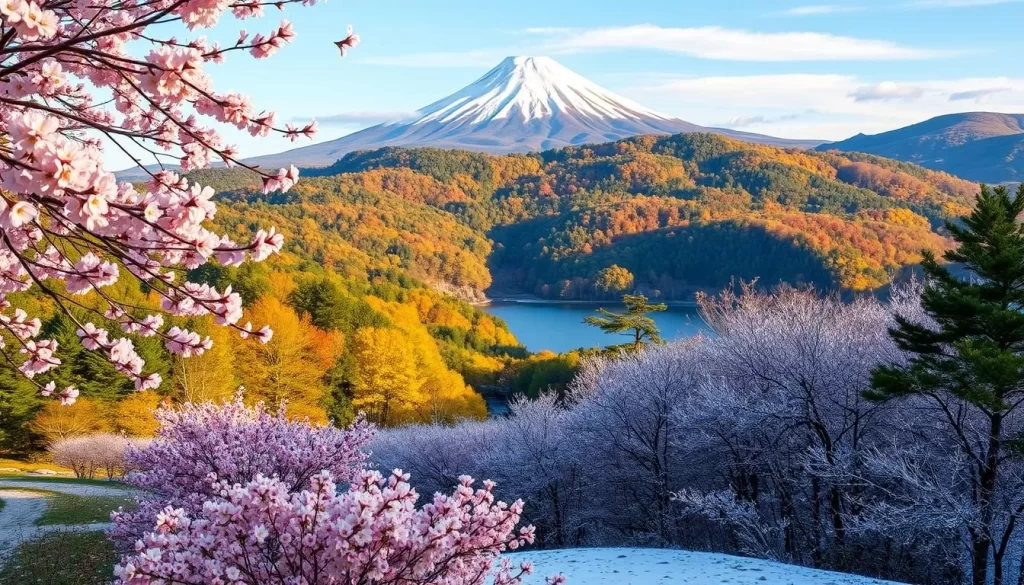 A breathtaking landscape showcasing the four seasons of Honshū Island, Japan. In the foreground, a serene cherry blossom garden in spring, petals drifting gently on a soft breeze. The middle ground reveals the lush, verdant forests of summer, sunlight filtering through the canopy. In the distance, a majestic snow-capped peak pierces the autumn foliage, its golden hues reflected in a tranquil lake. The background is blanketed in a pristine winter wonderland, a dusting of fresh snow overlaying the terrain. Capture this dynamic and awe-inspiring tableau with a wide-angle lens, natural lighting illuminating the scene. Convey a sense of harmony and the cyclical nature of the seasons on this iconic Japanese island.