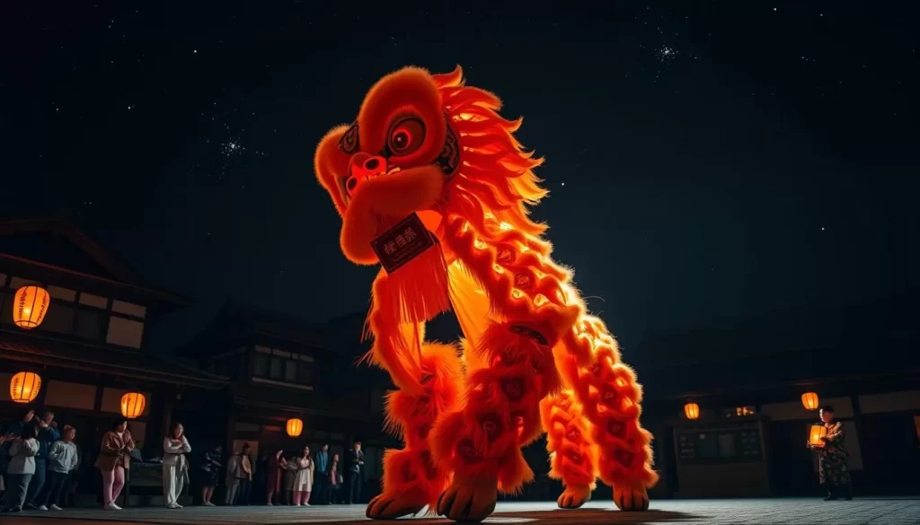 A breathtaking night scene of a traditional Shishi Odori lion dance performance in Iwate Prefecture, Japan. The ornate lion costume, crafted with intricate details, is illuminated by the warm glow of lanterns, casting a mesmerizing aura over the festive gathering. The dancer's movements are fluid and graceful, as if the lion itself has come to life, captivating the audience with its powerful presence. In the background, the dark silhouettes of traditional Japanese buildings provide a striking contrast, while the starry sky above adds to the mystical ambiance. The overall composition evokes a sense of cultural heritage, showcasing the rich traditions of the Iwate region.