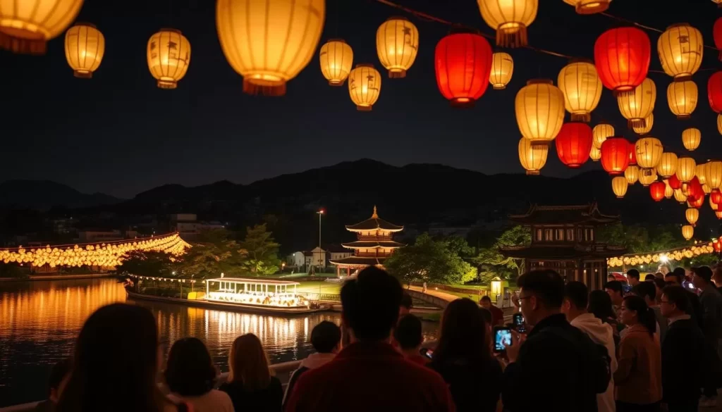 A breathtaking night scene of the Nagasaki Lantern Festival, where thousands of colorful paper lanterns float effortlessly along the Nakashima River, casting a warm, ethereal glow over the historic cityscape. In the foreground, a group of locals and visitors gather, their faces illuminated by the flickering lights as they capture the magical moment with their cameras. The middle ground features the iconic Glover Garden, its lush greenery and traditional architecture providing a timeless backdrop. In the distance, the silhouettes of Nagasaki's hills rise up, creating a serene, picturesque landscape. The scene is bathed in a soft, ambient lighting, the lens capturing the festival's enchanting atmosphere with a shallow depth of field, blurring the background and drawing the viewer's focus to the captivating lanterns and the people experiencing this cultural celebration.