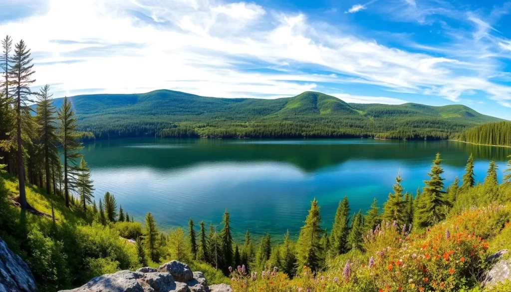 A breathtaking panorama of Dauphine Lake, Manitoba. In the foreground, crystal-clear waters reflect the surrounding verdant forest, dotted with vibrant wildflowers. Towering pines line the rugged shoreline, casting gentle shadows across the tranquil surface. In the middle ground, rolling hills covered in lush greenery rise up, meeting a clear azure sky. Wispy clouds drift overhead, illuminated by warm, golden sunlight that filters through the trees. The overall scene exudes a serene, unspoiled natural beauty, inviting the viewer to immerse themselves in the peaceful embrace of this pristine Canadian wilderness.