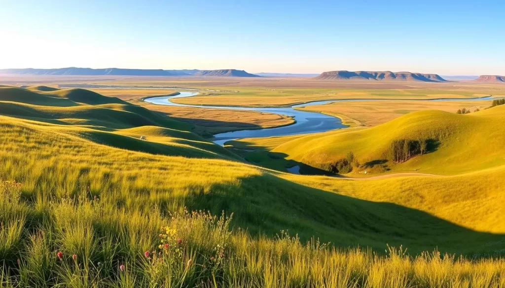 A breathtaking panorama of Grasslands National Park, Saskatchewan, Canada. In the foreground, vast rolling hills covered in lush, verdant grasses sway gently in the warm breeze. Scattered among the grassy knolls, clusters of vibrant wildflowers add splashes of color. In the middle ground, a meandering river cuts through the landscape, its tranquil waters reflecting the clear blue sky above. Distant hills rise on the horizon, their rugged, earthy tones contrasting with the soft, pastoral scene. The sun casts a warm, golden glow over the entire vista, creating a sense of calm and serenity. This image captures the essence of Canada's prairie wilderness, inviting the viewer to immerse themselves in the untamed beauty of Grasslands National Park.