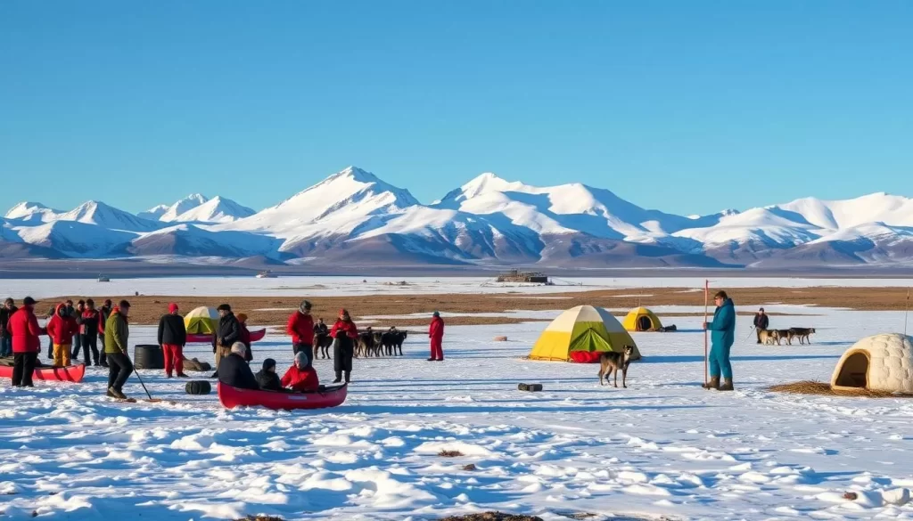 A breathtaking panorama of Inuit culture in Ukkusiksalik National Park, Nunavut. In the foreground, a group of Inuit people engage in traditional activities such as seal hunting, kayaking, and igloo building. The middle ground features a small Inuit settlement with colorful tents and sled dogs. In the background, majestic glaciers and snow-capped mountains rise against a clear, azure sky. The scene is illuminated by warm, natural lighting, capturing the rugged beauty and timeless essence of this Arctic landscape. The image conveys the resilience, harmony, and cultural richness of the Inuit people within the pristine wilderness of Ukkusiksalik National Park.
