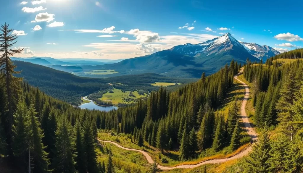 A breathtaking panorama of winding hiking trails winding through the lush, verdant forests of Prince Albert National Park. Dappled sunlight filters through the canopy, casting a warm, golden glow across the scene. The trails meander through picturesque meadows, past shimmering lakes, and alongside cascading waterfalls, offering a diverse and visually stunning outdoor experience. In the distance, towering peaks rise majestically, their snow-capped summits piercing the azure sky. The overall atmosphere is one of tranquility, adventure, and a deep connection with the natural world.