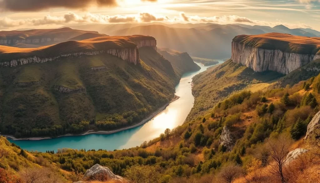 A breathtaking panoramic view of the Uvac Special Nature Reserve in Serbia's Zlatibor region. Rolling hills and lush valleys are framed by majestic limestone cliffs and the winding turquoise river below. Warm golden sunlight filters through wispy clouds, illuminating the diverse flora and fauna. In the foreground, a serene lake reflects the surrounding natural beauty. A wide-angle lens captures the scale and grandeur of this protected wilderness, inviting the viewer to explore its tranquil trails and discover its hidden wonders.