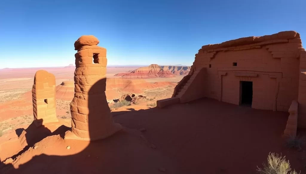 A breathtaking panoramic view of the Wupatki National Monument in Arizona, captured on a bright, sunny day. In the foreground, ancient sandstone ruins of the Wupatki Pueblo stand tall, their intricate architectural details casting long shadows across the red desert floor. The midground features the iconic Lomaki Ruins, their distinctive oval-shaped structures nestled among the rolling hills. In the distance, the vast, awe-inspiring landscape of the Painted Desert stretches out, its vibrant hues of red, orange, and yellow creating a mesmerizing backdrop. The scene is bathed in warm, golden light, conveying a sense of timelessness and the enduring beauty of this archaeological wonder.