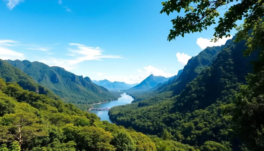 A breathtaking scene of Corcovado National Park on a bright, sunny day. The lush, verdant rainforest canopy stretches out in the foreground, its vibrant hues of green illuminated by warm, natural lighting. In the middle ground, a winding river reflects the clear, azure sky, its tranquil waters dotted with the occasional splash of a jumping fish. Towering, rugged mountains rise up in the distance, their peaks capped with wispy, white clouds. The overall atmosphere is one of serene, untamed beauty, inviting the viewer to immerse themselves in the splendor of this tropical paradise.
