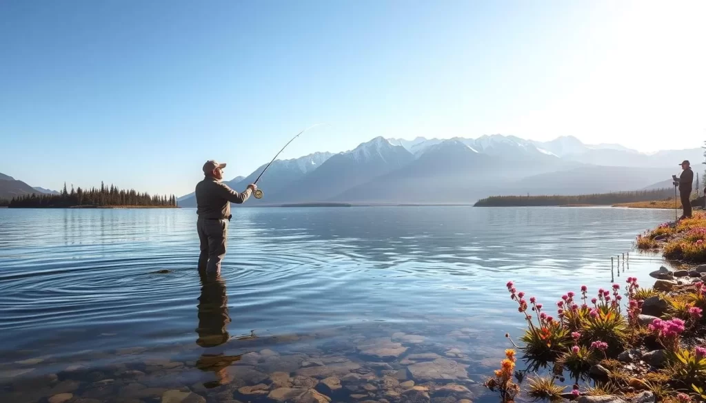 A breathtaking scene of Kluane Lake in the Yukon, where anglers cast their lines into the crystal-clear waters. In the foreground, a fisherman stands waist-deep, casting a fly with graceful movements, their silhouette reflected in the still surface. The middle ground features a picturesque shoreline dotted with pines and wildflowers, their colors vibrant in the warm sunlight. In the background, the majestic Kluane mountain range rises, its snow-capped peaks gleaming under a bright, cloudless sky. The scene conveys a sense of tranquility and the joy of being immersed in the natural beauty of Kluane National Park.