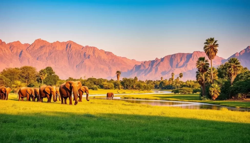 A breathtaking scene of South Luangwa National Park in Zambia on a clear, sunny day. A herd of elephants majestically roams the lush, verdant grasslands in the foreground, their large ears flapping in the gentle breeze. In the middle ground, a winding river reflects the azure sky, its banks dotted with tall, swaying palm trees. In the background, rugged mountains rise up, their jagged peaks bathed in warm, golden light. The atmosphere is one of tranquility and wonder, inviting the viewer to immerse themselves in the beauty of this wild, untamed African landscape.
