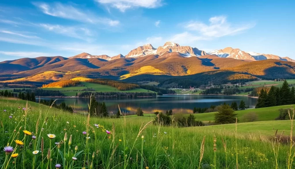 A breathtaking scene of Zlatibor, Serbia's mountain paradise, unfolds before the viewer. In the foreground, lush green meadows dotted with wildflowers sway gently in the warm breeze. The middle ground showcases the iconic, rolling hills of Zlatibor, their slopes covered in a patchwork of verdant forests and brushstrokes of autumn foliage. Towering in the background, the majestic peaks of the Zlatibor mountain range pierce the azure sky, their snow-capped summits glistening in the golden afternoon light. A serene lake reflects the natural splendor, its mirrored surface capturing the essence of this picturesque landscape. The overall scene exudes a sense of tranquility and harmony, inviting the viewer to immerse themselves in the beauty of this Serbian mountain oasis.